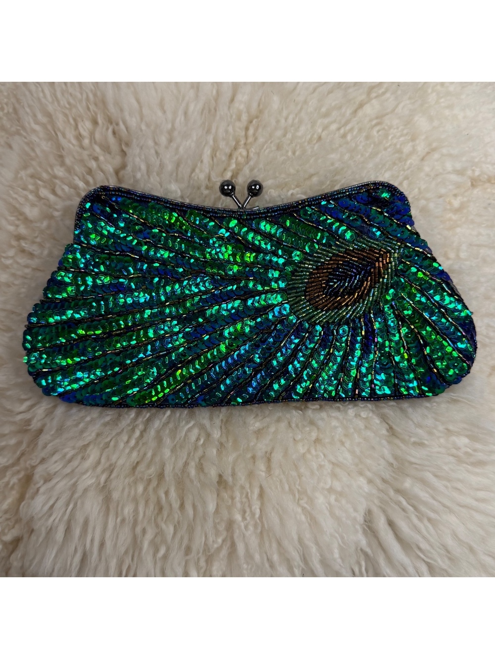 Peacock Beaded Sequin Evening Bag Clutch Green Blue Kiss Lock Chain Purse